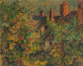 1185 Elliott Seabrooke (1886-1950) "The House in the Trees" Pastel on paper Appears unsigned; inscribed with artist and title on a typewritten gallery label affixed to the frame's backing board; alternatively titled "Red Roof in England" in ink on the frame's backing board Sight: 11 x 12in Estimate: $500 - $700