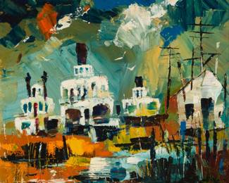 1406 Jack Laycox (1921-1984) Boats Oil on Masonite Signed lower right: Jack Laycox 10 x 12in Estimate: $200 - $400