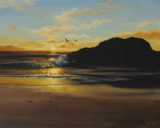 1025 Violet Parkhurst (1921-2008) A sunset seascape Oil on canvas Signed lower right: Parkhurst; stamped in black ink verso: "Reproduction / rights reserved / by artist / Violet R. Parkhurst" 18 x 24in Estimate: $400 - $600