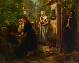 1241 Carl Hubner (1814-1879) Figures in a garden, 1870s Oil on canvas laid to waxed canvas Signed and partially illegibly dated lower right: Carl Hubner 187[*] 33 1/4 x 42 1/4in Estimate: $1,000 - $2,000