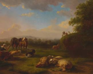 1246 Balthasar Paul Ommeganck (1755-1826) "Pastoral Scene" Oil on cradled panel Signed lower left: B.P. Ommeganck; signed, titled, and inscribed indistinctly "Pastoral Scene / P. Ommeganck / Brussels / [***] valuable picture" on a label affixed to the frame's verso 17 1/2 x 23 1/2in Estimate: $700 - $900