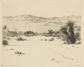 1228 Cornelis Botke (1887-1954) "The Desert" Etching on paper Edition: 5/50 (2nd edition), printed later Estate signed and indistinctly initialed by the artist's son, William "Bill" Botke, in pencil in the lower margin: Cornelis Botke / WB; also titled, inscribed and numbered, "2nd Ed 2/50," in pencil in the lower margin; produced by Cornelis Botke's granddaughter Plate: 7 x 9in; Sight: 7 3/4 x 9 1/2in Estimate: $300 - $500