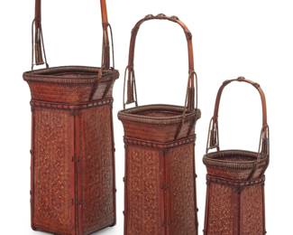 1331 Three Indonesian woven Ikebana baskets Mid/late 20th century In graduated sizes 3 pieces Largest: 25.5" H x 8.5" W x 7.25" D; Smallest: 15.5" H x 5.25" W x 4.75" D Estimate: $300 - $500