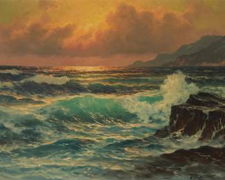 1024 Anton Gutknecht (1907-1988) Seascape at sunset Oil on canvas Signed lower right: Anton Gutknecht 24 x 32in Estimate: $300 - $500