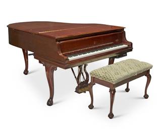 1001 A Steinway & Sons mahogany model 'M' baby grand piano Circa 1997, serial number M 538952 Inscribed above the keyboard: Steinway & Sons; further inscribed to metal plaque: THE CROWN JEWEL COOLLECTION; the harp with serial number The 88-key piano housed in a mahogany case, raised on three cabriole legs with ball and claw feet, together with a conforming upholstered bench Installed with a PianoDisc PDS-128Plus player piano system, electrified Piano closed: 38.5" H x 57" W x 67" D: Bench: 22" H x 37.5" W x 17" D Estimate: $3,000 - $5,000