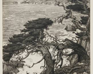 1223 Cornelis Botke (1887-1954) "Foam and Cyprus, Point Lobos" Etching on paper Edition: 2/50 (3rd edition), printed later Estate signed and indistinctly initialed by the artist's son, William "Bill" Botke, in pencil in the lower margin: Cornelis Botke / WB; also titled, inscribed and numbered, "3rd Ed 2/50," in pencil in the lower margin; produced by Cornelis Botke's granddaughter Plate: 11 1/2 x 10 3/4in; Sight: 12 1/2 x 11 3/4in Estimate: $400 - $600