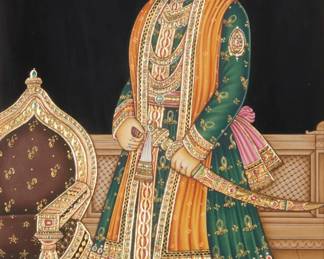 1248 A Contemporary Indian Miniature Painting Portrait of a royal Pigments (possibly watercolor), and metallic pigments on paper Appears unsigned Sight: 10 x 6 1/2in Estimate: $300 - $500