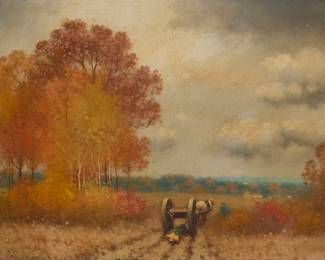 1176 Frank Russell Green (1856-1940) Horse-drawn wagon in a landscape Oil on canvas laid to board Signed lower left: Frank Russell Green A.N.A. 12 x 16in Estimate: $300 - $500