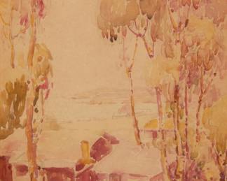 1090 Anna Althea Hills (1882-1930) "A Glimpse of the Sea, Laguna Beach," 1923 Watercolor on paperboard Signed and dated lower right: A. A. Hills. / 1923; signed again, titled (twice), and inscribed in a combination of pencil and ink, all verso: W. - 14 / A Glimpse of the Sea, Laguna Beach / Painted by Anna A. Hills / Studio address Laguna Beach / Orange Co. / Calif. / May 1923 Sight: 7 x 5in Estimate: $800 - $1,200