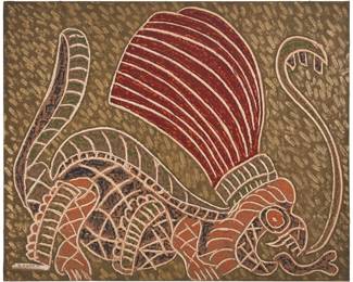 1409 Gustavo Olguín (20th Century) "La Reina" Mixed media on canvas Signed lower left: G. Olguin; signed again and titled verso 31 1/2 x 39 3/8 x 3/4in Estimate: $300 - $600