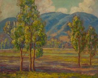 1097 20th Century California School Trees with purple mountain vistas Oil on panel Unsigned 18 1/8 x 21 3/8in Estimate: $400 - $600