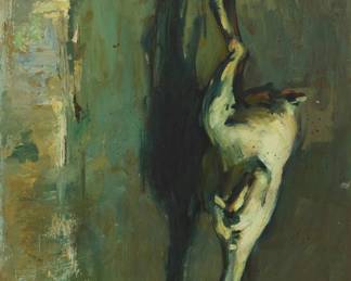 1112 Sergei Bongart (1918-1985) Hanging rooster Oil on board Unsigned; inscribed indistinctly in pencil, verso 30 x 24in Estimate: $300 - $500