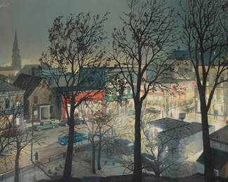 1137 Richard Whorf 1906-1966 "Open All Night" Oil on board with a foamcore interior Signed upper left: Richard Whorf 24 1/4 x 36 1/4in Estimate: $800 - $1,200