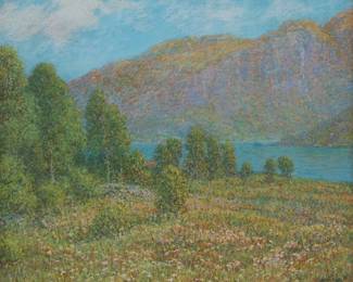 1086 William Henry Singer Jr. (1868-1943) "The Olden Fjiord (No. 15)," 1933 Oil pastel on board Signed and dated l/r: W.H. Singer. Jr. / 1933-; titled with number verso 18 1/8 x 21 1/8in Estimate: $700 - $900
