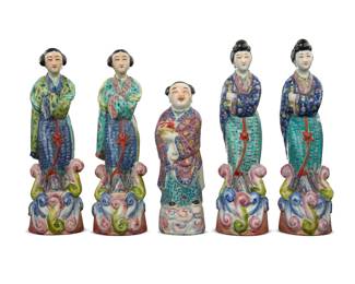 1280 Five Chinese polychrome porcelain figures Early/mid-20th or later Most impressed: CHINA; two impressed with a maker's seal Comprising two pairs and a single 5 pieces Tallest: 10.25" H; Shortest: 8" H Estimate: $700 - $900