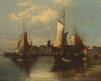 1059 In the manner of Gustav Schonleber (1851-1917) "Bei Scheveningen" Oil on canvas laid to canvas Unsigned; titled on the frame plaque 37 1/2 x 50in Estimate: $800 - $1,200