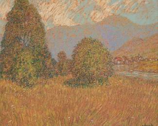 1083 William Henry Singer Jr. 1868-1943) "A Bit of Olden Village," 1925 Oil pastel on board Signed and dated lower right: W. Singer. Jr. / -1925 -; titled on an old typewritten label and with various numbers inscribed all on the verso 18 1/4 x 21 7/8in Estimate: $700 - $900