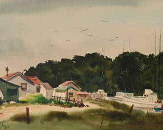 1092 Charles Payzant (1898-1980) "Moss Point," circa 1939 Watercolor on paper Signed lower right: Charles Payzant; titled and dated in pencil, in another hand on the frame's backing paper Sight: 12 1/4 x 19in Estimate: $700 - $900