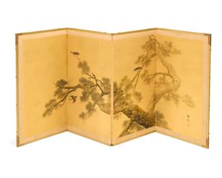 1343 A Japanese four panel byobu screen Late 20th century Signed at lower right with seal The painted fabric screen in a wood frame, each panel coming together to depict sparrows in a tree, within a gold-toned fabric border Each panel: 36" H x 18.5" W x 0.625" D; Stored: 2.5" D Estimate: $300 - $500