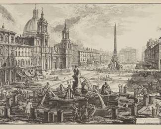 1038 After Giovanni Battista Piranesi (1720-1778) "View of the Piazza Navona Above the Ruins of the Circus of Domitian" (Veduta di Piazza Navona sopra le rovine del Circo Agonale), one plate from from the "Views of Rome" (Vedute di Roma) series Photomechanical reproduction on paper From an unknown size and date Unsigned Image: 18 x 27.5in; Sight: 19.75 x 28.5in Estimate: $200 - $300
