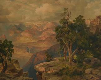 1221 After Thomas Moran (1837-1926) "The Grand Canyon of Arizona, from Hermit Rim Road," 1912 Lithograph in colors on paper Signed and dated as part of the image, lower left Sight: 25 x 35in Estimate: $800 - $1,200