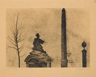 1220 R.B. Kitaj (1932-2007) "Place de la Concorde," 1982-83 Soft ground etching on tan Richard de Bas decorative paper One of 13 artist's proofs, aside from the edition of 50 Signed, numbered, and inscribed in pencil in the lower margin: Kitaj / "For Reilly with affection" / AP 2/13; Aldo Crommelynck, Paris, France, prntr. Plate: 15 1/2 x 22in; Sight: 20 1/4 x 26 1/2in Estimate: $700 - $900