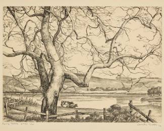 1225 Cornelis Botke (1887-1954) "Spring Pastures" Etching on paper Edition: 1/50 (2nd edition), printed later Estate signed and indistinctly initialed by the artist's son, William "Bill" Botke, in pencil in the lower margin: Cornelis Botke / WB; also titled, inscribed and numbered, "2nd Ed 1/50," in pencil in the lower margin; produced by Cornelis Botke's granddaughter Plate: 8 7/8 x 11 7/8in; Sight: 10 x 13in Estimate: $400 - $600