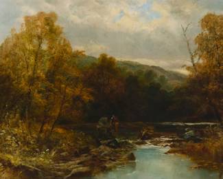 1093 William Widgery (1822-1893) Figures along a river Oil on canvas Signed lower left: W. Widgery 30 x 60in Estimate: $700 - $900