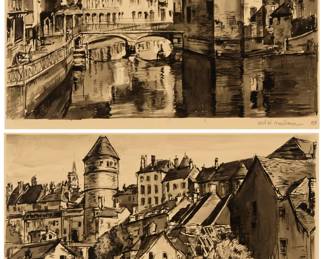 1379 Carl Westdahl Heilborn (1906-1954) Two works: "An Old French Town," 1932 Ink on paper Signed, titled, and dated in the lower left and right: Carl Westdahl Heilborn 1932 Image: 8 1/8 x 11 5/8in; Sight: 8 5/8 x 11 7/8in A view along the canal Ink on paper Signed and inscribed lower right: Carl W. Heilborn / "BH" Image: 8 x 11 1/2in; Sight: 8 1/2 x 11 3/4in Estimate: $200 - $300
