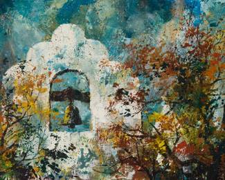 1403 Jack Laycox 1921-1984 "Bells at Santa Inés," 1969 Oil on canvas Signed lower right: Jack / Laycox; inscribed verso: "'Bell at Santa Inés" / Jack Laycox 1969 / Copyright reserved / by the artist" 24 x 36 5/8in Estimate: $500 - $700