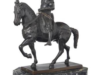 1029 A patinated bronze equestrian statue of Bartolomeo Colleoni After Andrea del Verrocchio (1435-1488), 20th century Marked to base: Venezia - Monumento Colleoni Raised on a marble plinth Bronze: 14.75" H x 13.25" W x 6.875" D; Plinth: 1.75" H x 12.875" W x 8.5" D Estimate: $700 - $900