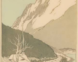 1237 Carlton Daniel Ellinger (b. 1888) "Mountain Landscape with Cabin, Winter," 1928 Woodcut in colors on paper From the edition of unknown size Signed, dated, and inscribed in pencil in the lower margin: Carlton D. Ellinger - 28 / With my compliments to / Walter Van Leyen; titled on a gallery label affixed to the frame's backing board Image: 6 1/2 x 5 1/2in; Sight: 7 x 5 1/2in Estimate: $300 - $500