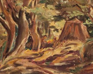 1184 Clarence Hinkle (1880-1960) Forest landscape Oil on canvas laid to board Signed lower center: Hinkle 7 7/8 x 10in Estimate: $500 - $700