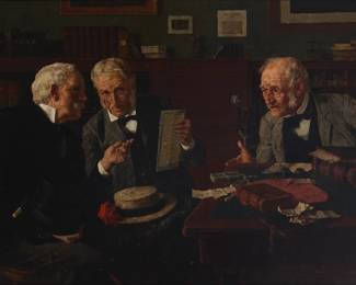 1240 Louis Moeller (1855-1930) Three men at a table Oil on canvas laid to canvas Appears unsigned 18 1/2 x 24 1/2in Estimate: $800 - $1,200