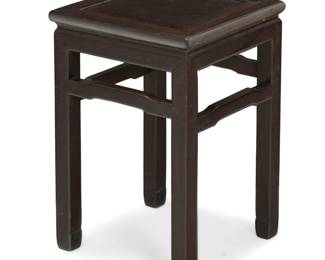 1293 A Chinese carved rosewood stool Late Qing Dynasty/early Republic Period (1880-1930) The square table supported on four straight legs, joined by a shaped apron and stretchers 20.5" H x 13.5" W x 13.5" D Estimate: $200 - $400