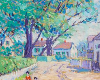 1218 Lillian Burk Meeser (1864-1942) Cape Cod Scene, circa 1919 Oil on canvasboard Signed lower right: Meeser; with an indistinctly inscribed postcard affixed verso 12 x 10in Estimate: $700 - $900