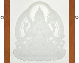 1357 An etched glass panel of Guanyin Late 20th century Frosted glass panel set in a wood frame Image: 18" H x 16" W; Framed: 23.5" H x 21.5" W x 0.875" D Estimate: $300 - $500