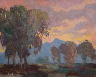 1209 Fred Grayson Sayre (1879-1939) Eucalyptus with mountains at twilight Oil on board Signed lower left: F. Grayson Sayre 7 x 8 1/2in Estimate: $500 - $700