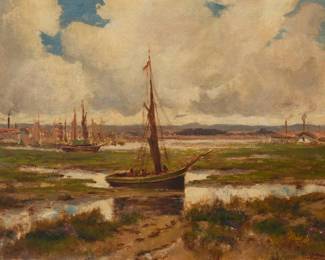 1057 Manuel Valencia (1856-1935) Sausilito boat at low tide Oil on canvas laid to Masonite Signed and inscribed lower right: Manuel Valencia S.F. 20 x 30in Estimate: $800 - $1,200