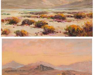 1214 Herbert Sartelle (1885-1955) Two blooming desert landscapes Each: Oil on canvas board Each signed in either the lower left or lower right corner: H. Sartelle Sight of each: 5 5/8 x 7 5/8in Estimate: $300 - $500