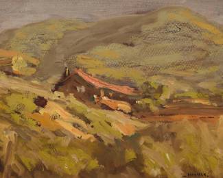 1180 Clarence Hinkle (1880-1960) A house in the hills Oil on board Signed lower right: - Hinkle Sight: 10 x 13 1/4in Estimate: $500 - $700