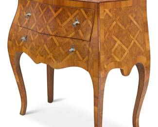 1195 A Louis XV style parquetry commode Late 20th century With shaped front, burlwood veneer, and two drawers with foliate-form pulls 29.25" H x 31.5" W x 16.5" D Estimate: $200 - $400