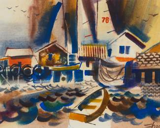 1391 Bud Shackelford (1918-2005) "Harbor Views" (Balboa, CA) Watercolor on paper Signed lower right: Shackelford; signed and titled, possibly in another hand, on a label affixed to the backing board Sight: 13 x 20in Estimate: $500 - $700