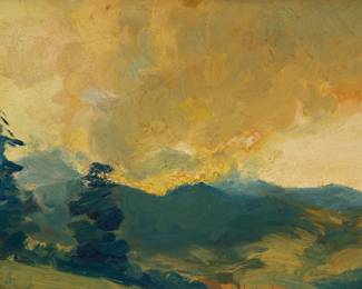 1091 Clyde Scott (1884-1959) Landscape with dramatic clouds Oil on board According to a photocopy of the verso affixed to the frame's backing paper, the work is signed on the verso: Clyde Scott 9 3/4 x 13in Estimate: $400 - $600