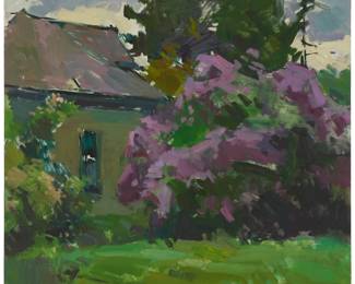 1117 Sergei Bongart (1918-1985) Trees and lilac bushes near a house Oil on Masonite Unsigned 26 x 30in Estimate: $300 - $500
