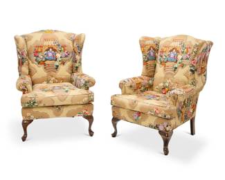 1193 A pair of George III style mahogany wing armchairs Late 20th century Each upholstered in a chinoiserie pictorial pattern fabric, raised on front cabriole legs 2 pieces Each: 43.25" H x 32.75" W x 36.5" D Estimate: $400 - $600