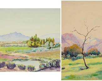 1150 Paul Conner (1881-1968) Two works: California landscape with a stream Watercolor on paper Appears unsigned Sight: 10 x 12 3/4in California landscape with a barren tree Watercolor on paper Signed lower right: Paul Conner Sight: 12 3/4 x 10in Estimate: $200 - $300