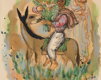 1040 Reuven Rubin (1893-1974) One plate from "The Prophets" portfolio, 1972 Lithograph in colors on paper Edition: 92/200 Signed in English and Hebrew and numbered in pencil, all in the lower margin: Rubin Sight: 21 7/8 x 17 5/8in Estimate: $300 - $500