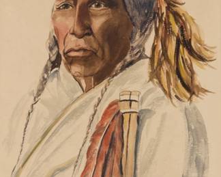 1410 Hazel Ostrom (20th Century) "Blackfoot Chief Running Eagle," 1970 Watercolor and ink on paper Signed lower left: Hazel Ostrom; titled, dated "1970," and inscribed "Glacier Nat. Park," all on a section from a previous frame's backing paper secured to the frame's backing paper Sight: 20 3/4 x 14 1/4in Estimate: $200 - $400