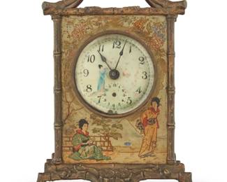 1128 A French chinoiserie carriage clock Late 19th/early 20th century With unknown impressed mark to movement The gold-toned metal case with painted tole panels depicting figural scenes, housing a single-movement clock with glazed dial bearing Arabic numerals and subsidiary alarm dial 18.5" H x 6.625" W x 4.25" D Estimate: $300 - $500